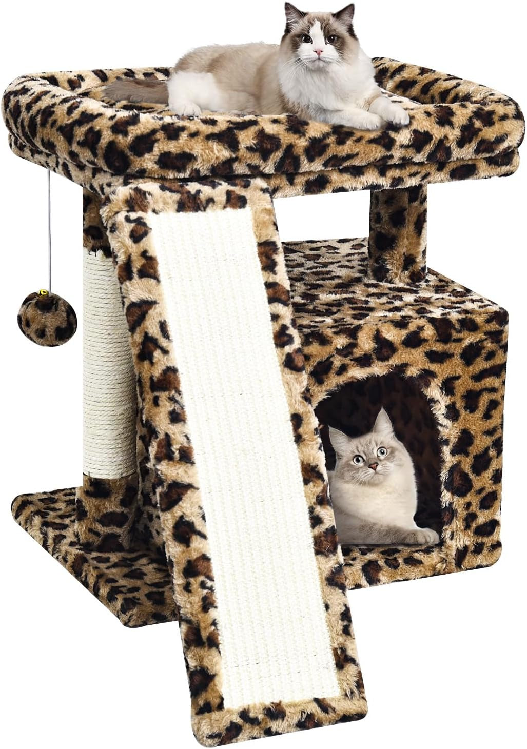Small Leopard Print Cat Tree for Indoor Cats | Short Tower with Scratching Post, Ramp Pad, Condo with Perch Bed, Kittens Play House, Hanging Plush Ball & Cave for Resting (Leopard Print)