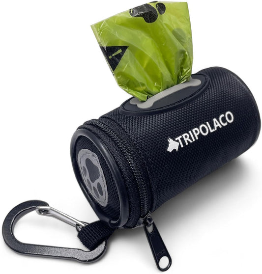 Dog Poop Bag Holder for Leash, Easy Release Doggie Poop Bag Dispenser, Fits Most Standard Poo Bags, Soft Fabric Dog Waste Bag Holder with Carabiner Clip, Compatible with All Leashes, Black