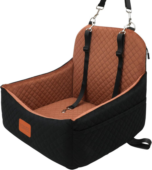 Dog Carseat for Small Dogs,Pet Safety Travel Bed with 3Seatbelt-Black/Brown