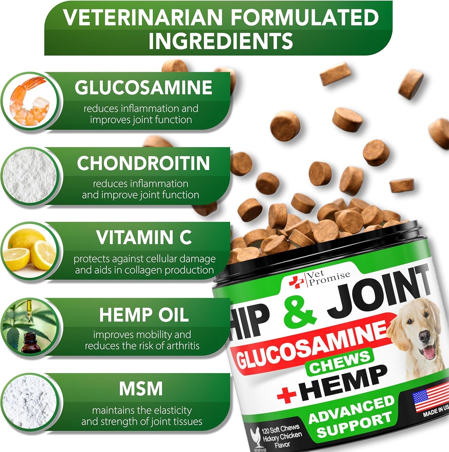 Vet Promise Hemp Hip and Joint Support Supplement for Dogs - Glucosamine for Dogs - Hemp Oil, MSM, Chondroitin - Support for Joint Pain Relief and Health - 120 Soft Chews - Made in USA