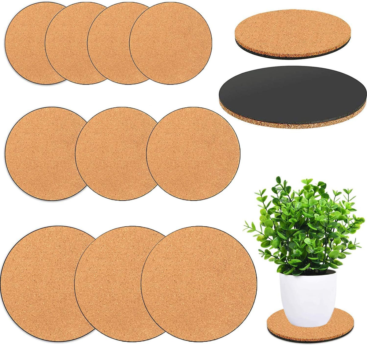 10 Pack 3 Sizes Cork Plant Coasters, 4/6/8 Inch Cork Plant Mats for Plants