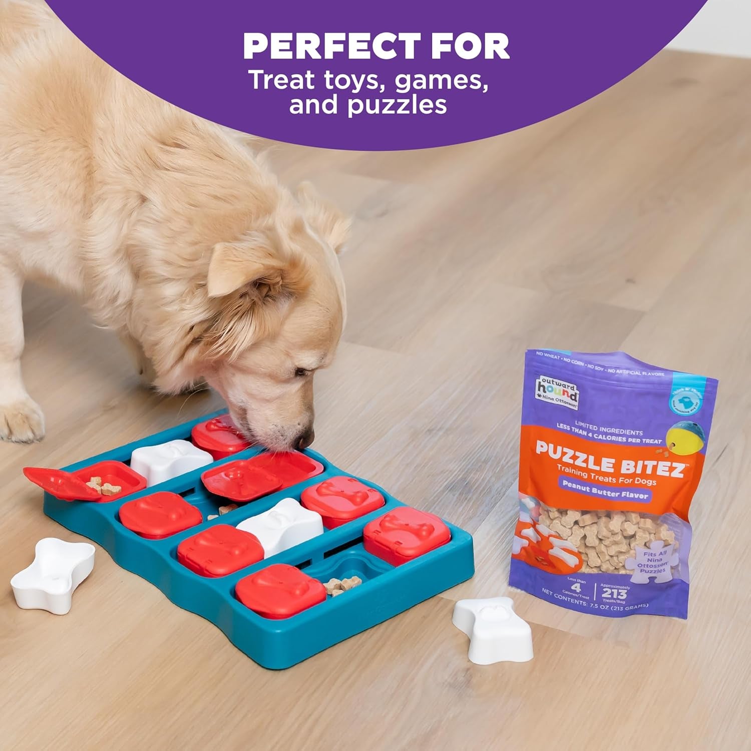 Outward Hound by Nina Ottosson Puzzle Bitez USA Made Dog Treats, Peanut Butter Flavor, Bite-Sized Training Reward and Interactive Puzzle Toy Treats, 7.5Oz