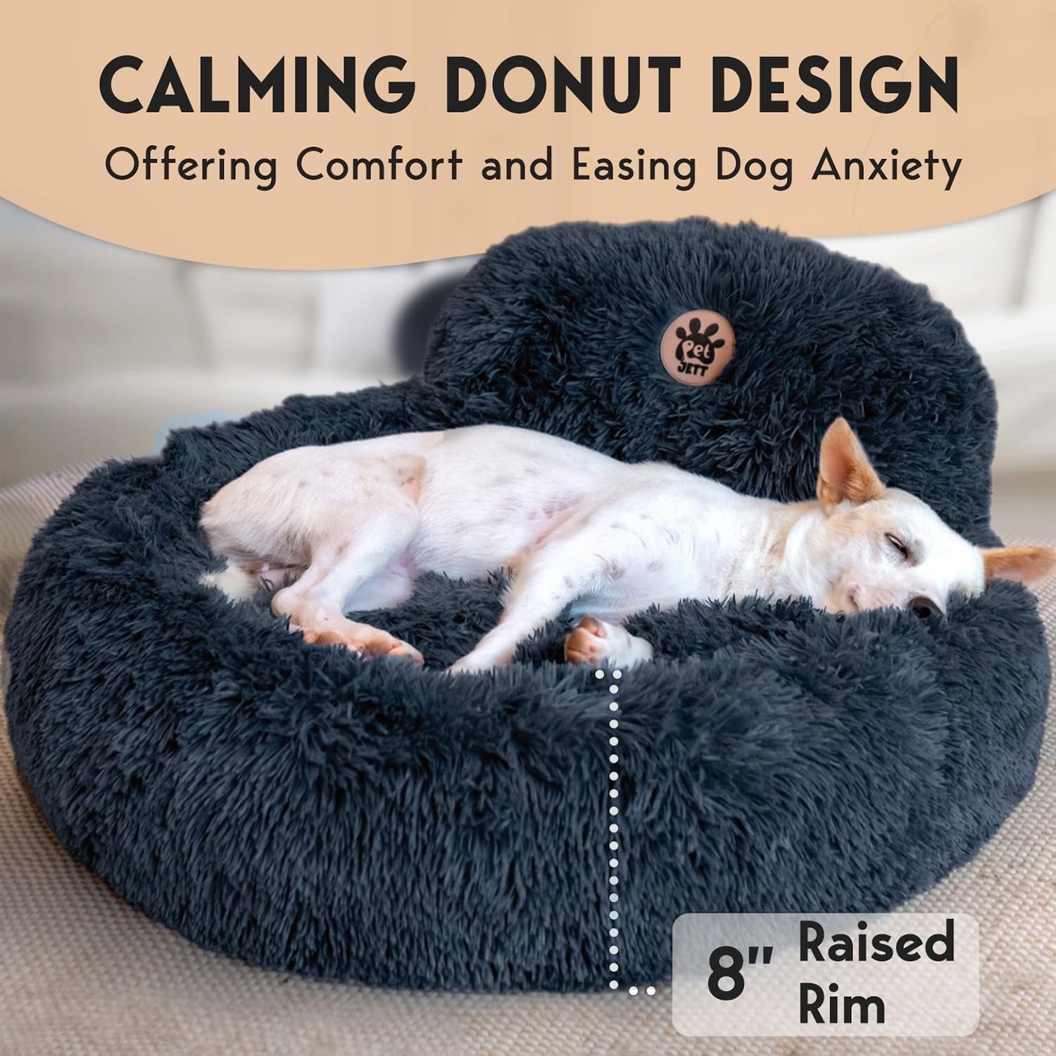 Petjett Calming Dog Bed Medium Size Dog - 30'' Donut Bed, Washable Dog Bed, Anti-Slip & Super Soft Fluffy Plush round Dog Bed, Anti-Anxiety Premium Comfort Pet Bed, Fits Dogs Upto 45 Lbs - Dark Grey