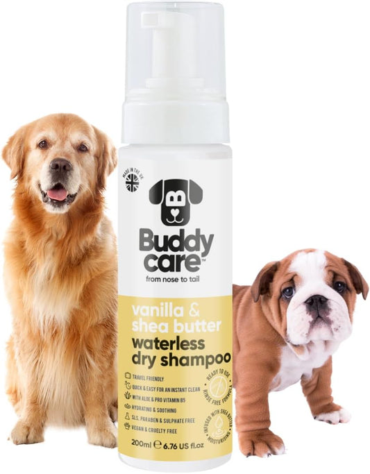 Vanilla & Shea Butter Waterless Dry Dog Shampoo by Buddycare | Deep Cleansing Shampoo for Dogs | Fresh Scented | with Aloe Vera and Pro Vitamin B5 (6.75 Fl Oz)