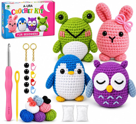 A-URA 3-In-1 Learn to Crochet Kit for Beginners Kids and Adults, Premium Pattern Sunflower, Panda Cactus, Hanging Pot Plant Beginner Crochet Kits with Easy Tube Yarn (4, Animal Pattern)