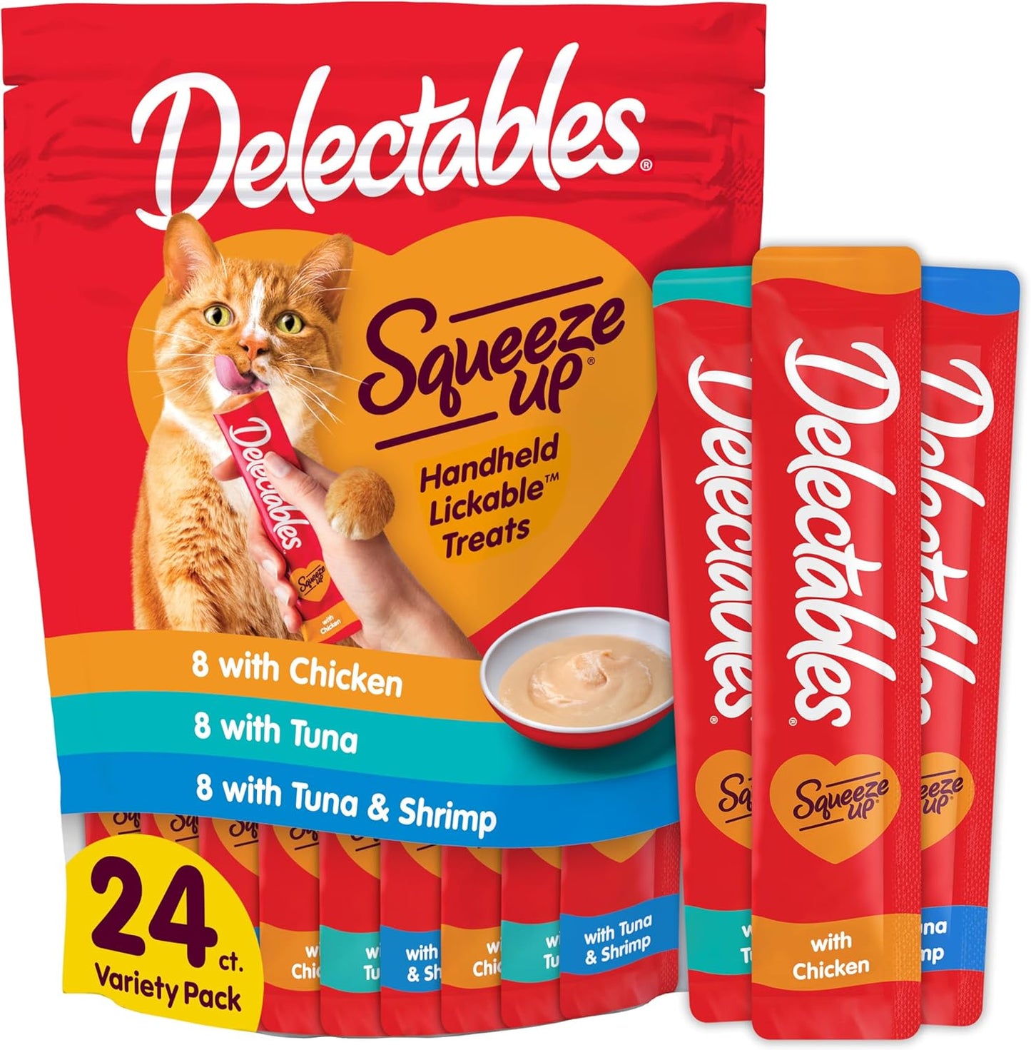 Delectables Squeeze up Variety Pack, Creamy Squeezable Puree, Lickable Wet Cat Treats, Grain Free, No Added Fillers, No By-Products, No Added Preservatives, 0.5 Ounces Tube, 24 Tubes Total