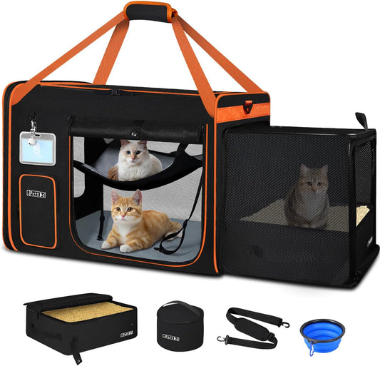 Petskd Side Expandable Extra Large Cat Carrier with Litter Box, Black
