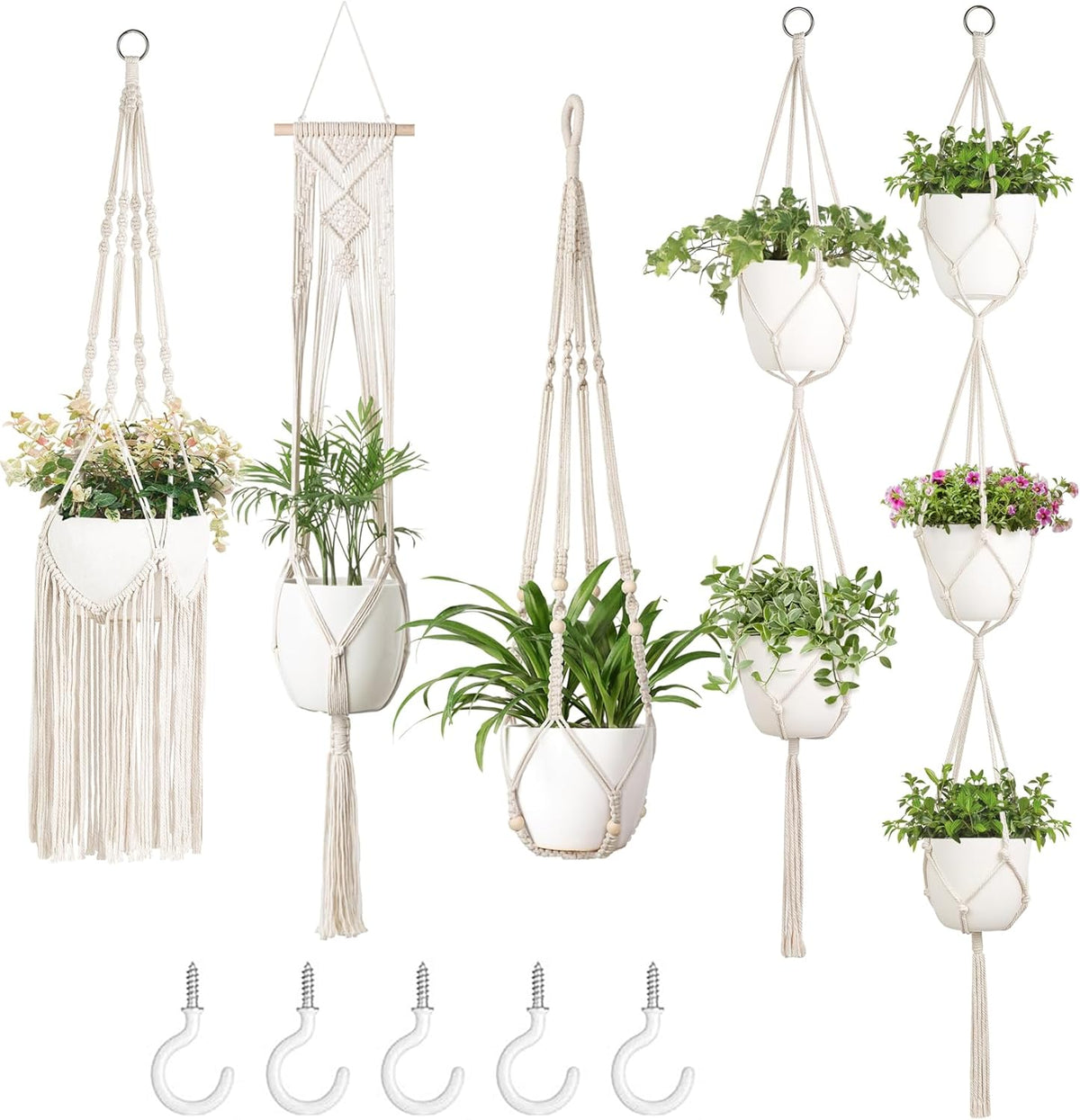 Mkono Macrame Plant Hanger 5 Pack Indoor Hanging Planters Basket with Hooks