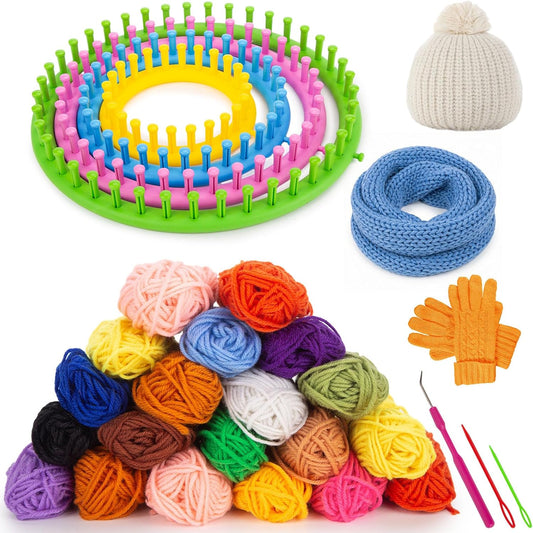 VGOODALL 27PCS round Knitting Loom Kit, Circular Loom Set with Hook Needles 20 Colorful Yarns Knitting Supplies for Hat Scarf Shawl Sweater Sock, DIY Craft Gifts for Beginners and Seasoned Knitters