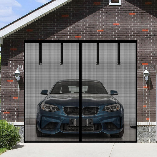 Magnetic Garage Screen Door for 1 Car Garage Doors 9X7Ft- Reinforced Self Sealing Fiberglass Mesh Door with 4 Strapping Tapes, High Energy Magnets，Hands Free Door Screen with Closure Weighted Bottom