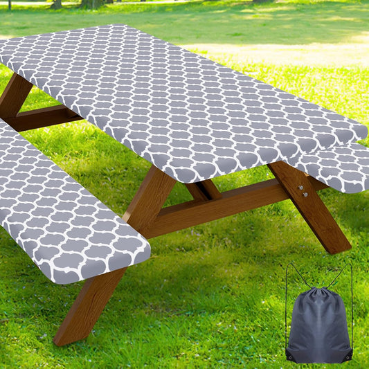 Smiry Picnic Table Cover with Bench Covers, Waterproof Elastic Fitted Tablecloth for 6 Foot Tables, Washable Polyester Tablecloths for Camping, Indoor & Outdoor (Grey, 30X72 Inch 3-Pc Set)