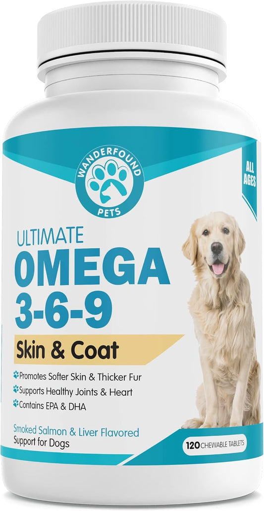 Wanderfound Pets Omega 3-6-9 for Dogs - Skin & Coat Support with EPA & DHA Fish Oil, Smoked Salmon & Liver Flavor, 120 Chewable Tablets