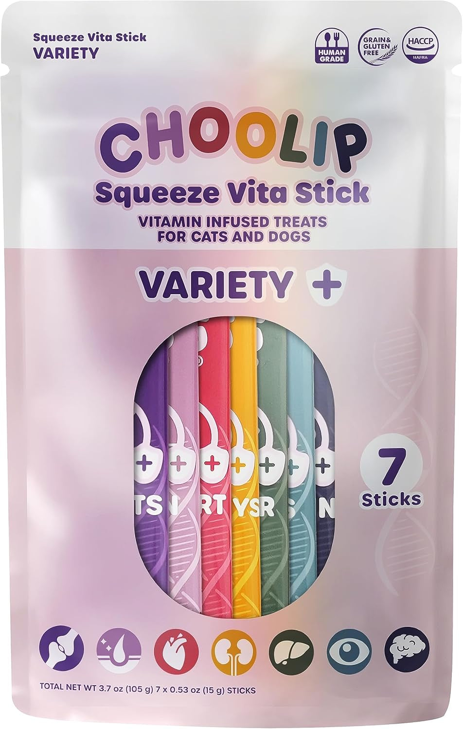 Choolip Squeeze Vita Stick Lickable Cat and Dog Treats - 7-Count Variety Pack - Creamy Puree with Multivitamins for Joints, Skin, Heart, Kidney, Liver, Eyes & Brain - Grain-Free & Vet-Formulated