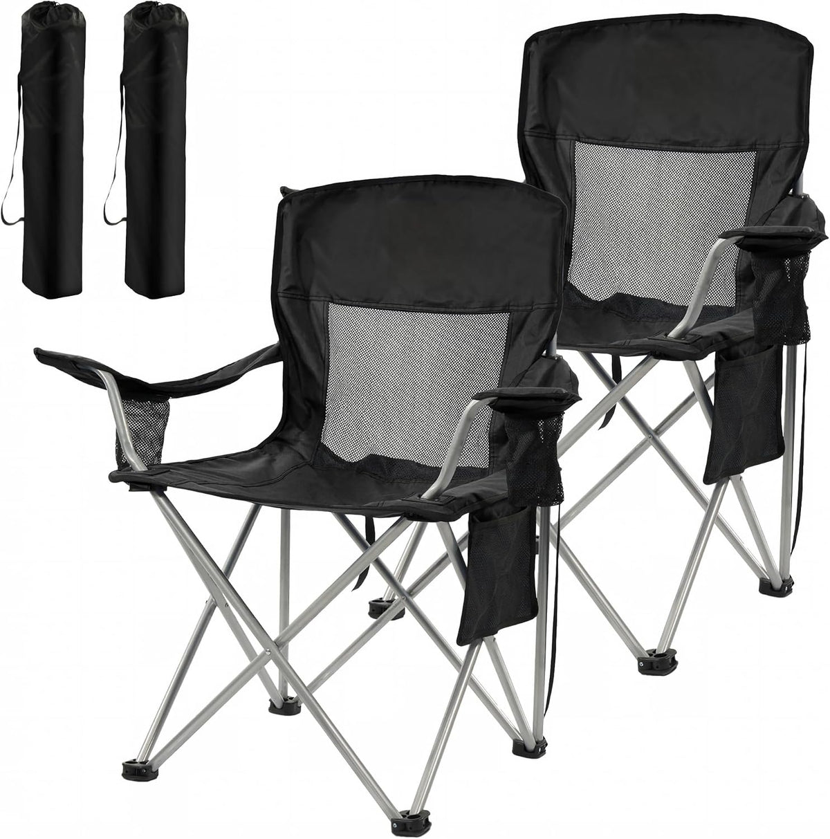 HULKFIT 2 Pack Folding Camping Chair – Heavy Duty Portable Outdoor Beach Chair for Adults with Breathable Mesh Back, Cup Holder & Carry Bag – Ideal for Backyard, Tailgating, Hiking & Travel,Black