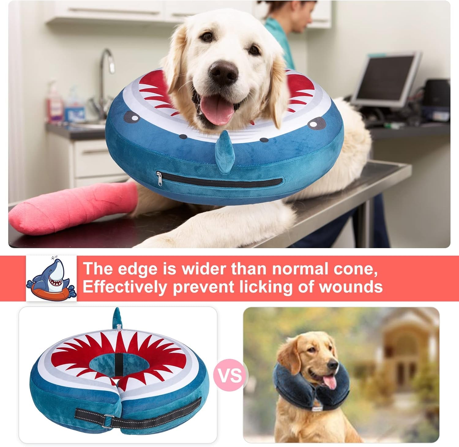 BEAUTYZOO Dog Cone Alternative after Surgery for Large Medium Small Dogs, Soft Inflatable Cone Collar for Dogs Cats, Dog Neck Donut E Collar Dogs Recovery Collar to Stop Licking, Shark Blue, M