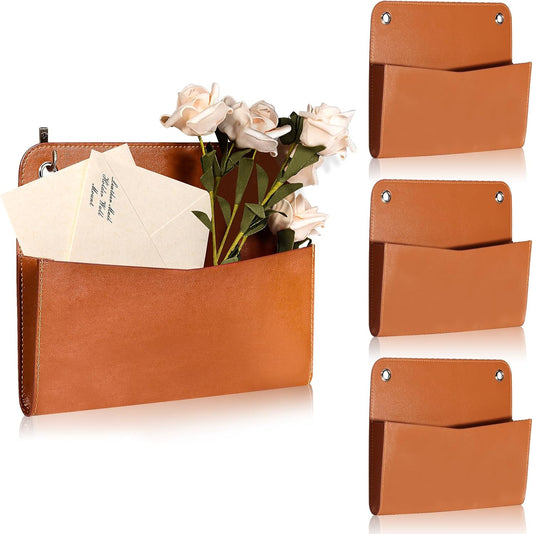 3 Pcs PU Leather Mail Holder Wall Mount 9.8X7.7 Inch Brown Letter Holder Vintage Hanging Mail Organizer 2 Ring Bill Organizer for Wall Decor Storage Letter Postcards Bill Flowers Office Home