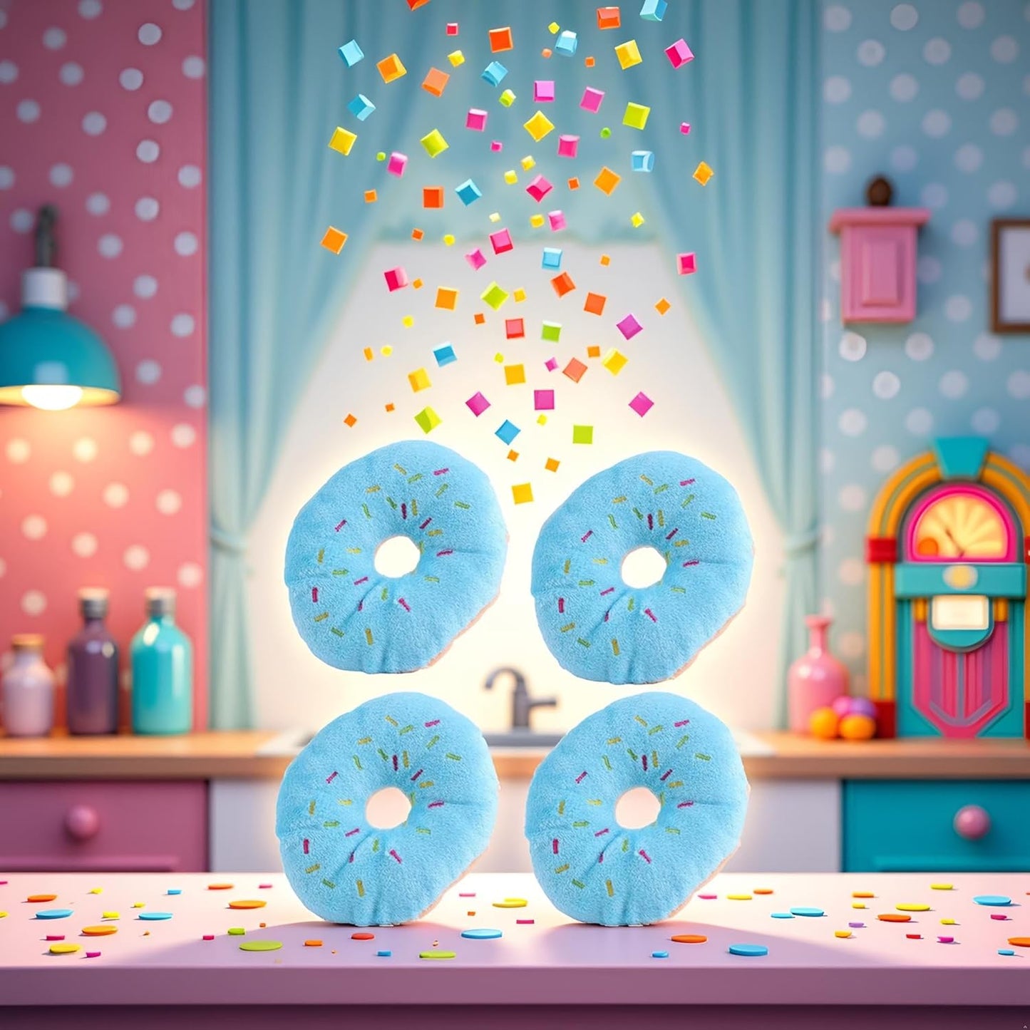 Jinshining 4 Pcs Donut Shape Plush Blue Pet Toy,Lovely Donut Shaped Squeaky Squeaking Sound for Pet Chew Toy Squeaky Plush Dog Toy Blueberry Chew Guard Technology Dog Squeak