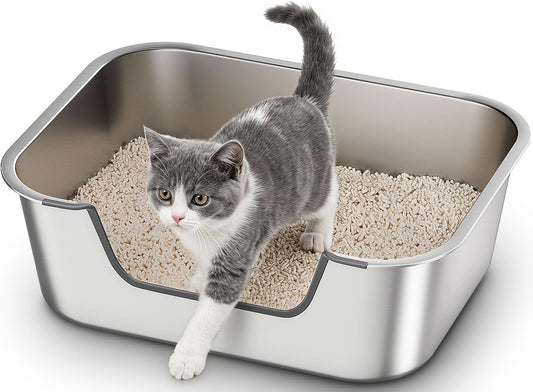 Qiuma Stainless Steel Cat Litter Box with Low Entry, Metal Kitty Litter Box for Senior or Injured Cats, Odor-Free, Non-Stick, Easy to Clean, 17.5"X13.6"X5.9", Litter Pan for Medium and Small Cats