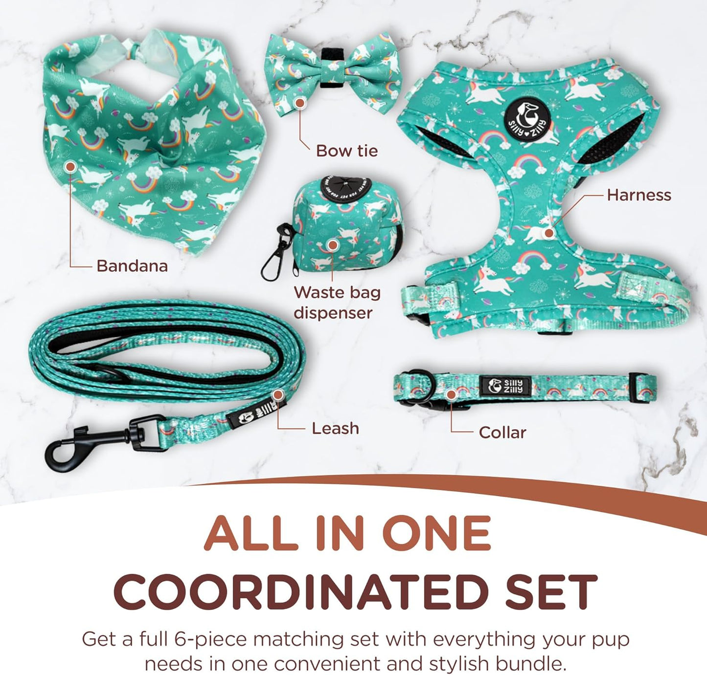 No Pull Harness and Leash Set - 6-In-1 Adjustable Vest Harness and Collars for Medium and Large Dogs. (Tile Unicorn, Extra Small)