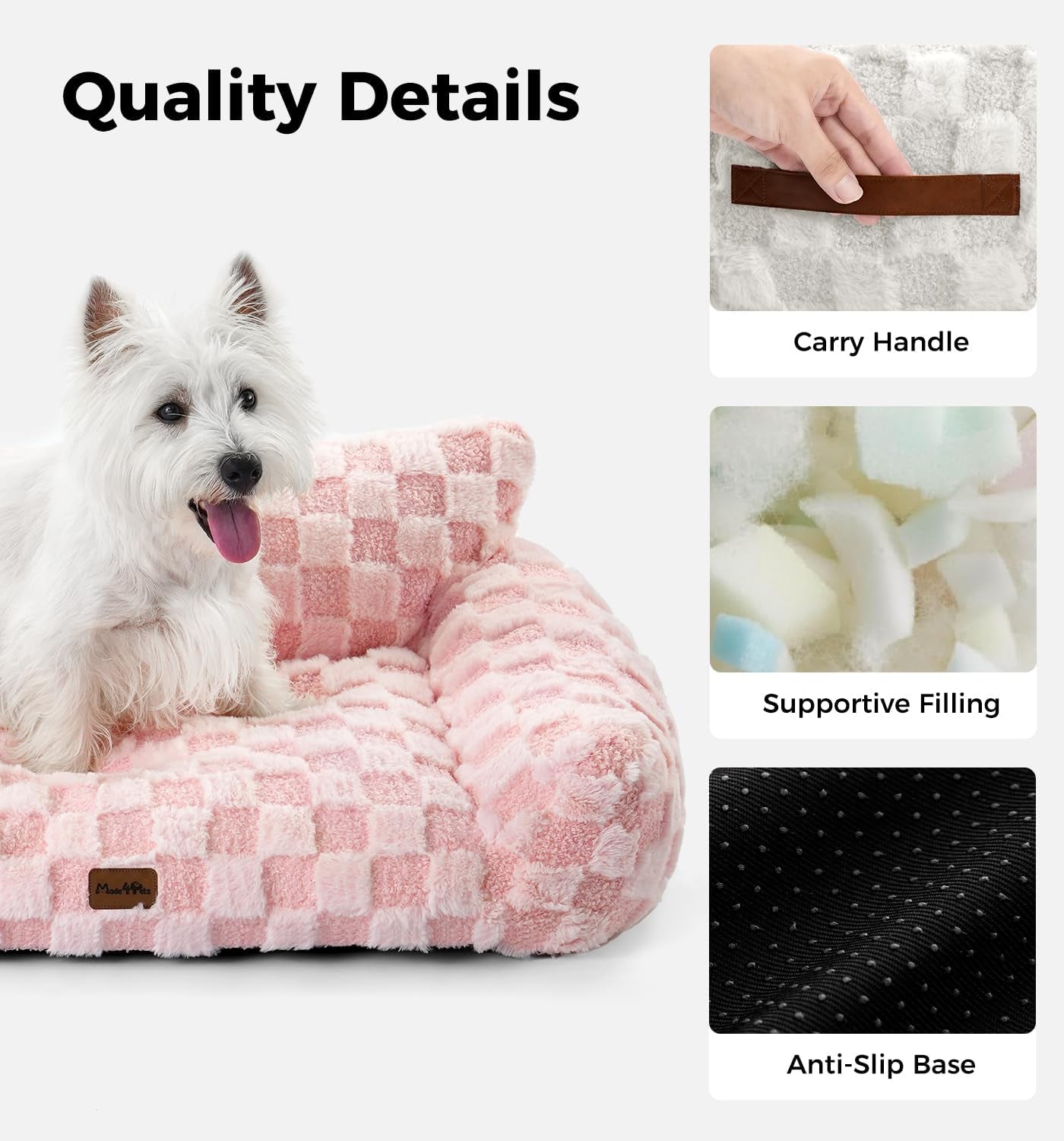 Made4Pets Dog Couch Bed, Soft Faux Fur Checkered Indoor Pet Sofa, Comfortable Fluffy Dog Sofa with Supportive Foam, Removable Washable Cover with Non-Slip Base, Pink, Large