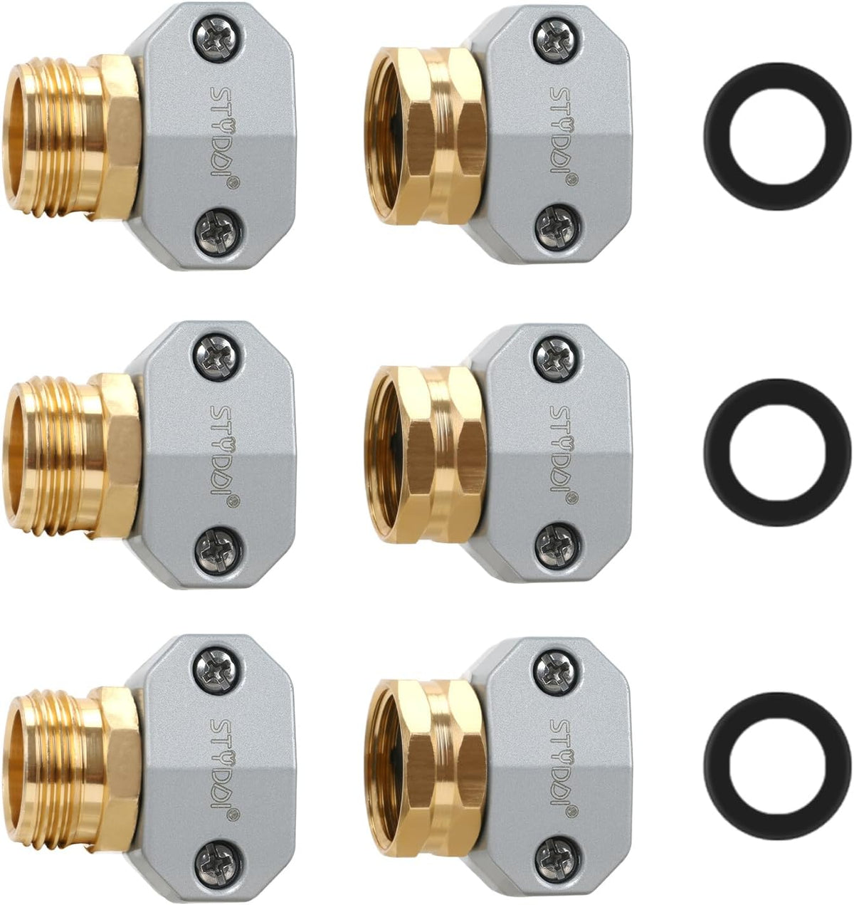 STYDDI Garden Hose Repair Connector Fitting, Aluminum Mender Female and Male Hose End Connector with Zinc Clamp, Fit 5/8-Inch and 3/4-Inch Garden Hose, 3 Sets