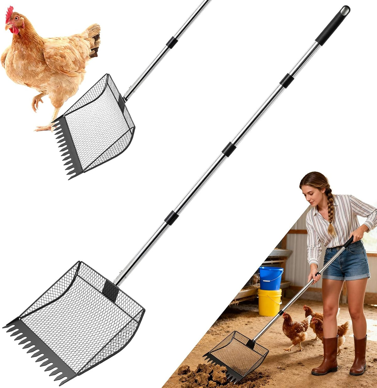 Chicken Poop Scooper & Rake 2-In-1，Litter Sifting Shovel，Metal Chicken Coop Scoop with Adjustable Handle(34" to 65") for Chicken Run, Animal Farm, Duck Coop Black