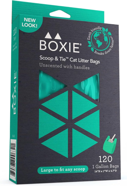 Boxie Sustainable Scoop & Tie Pet Waste Bags, 120 Count, Leak-Proof, Easy-To-Tie Handles, Eco-Friendly, Odor Control, EPI Technology, Durable for Cat Litter & Dog Waste