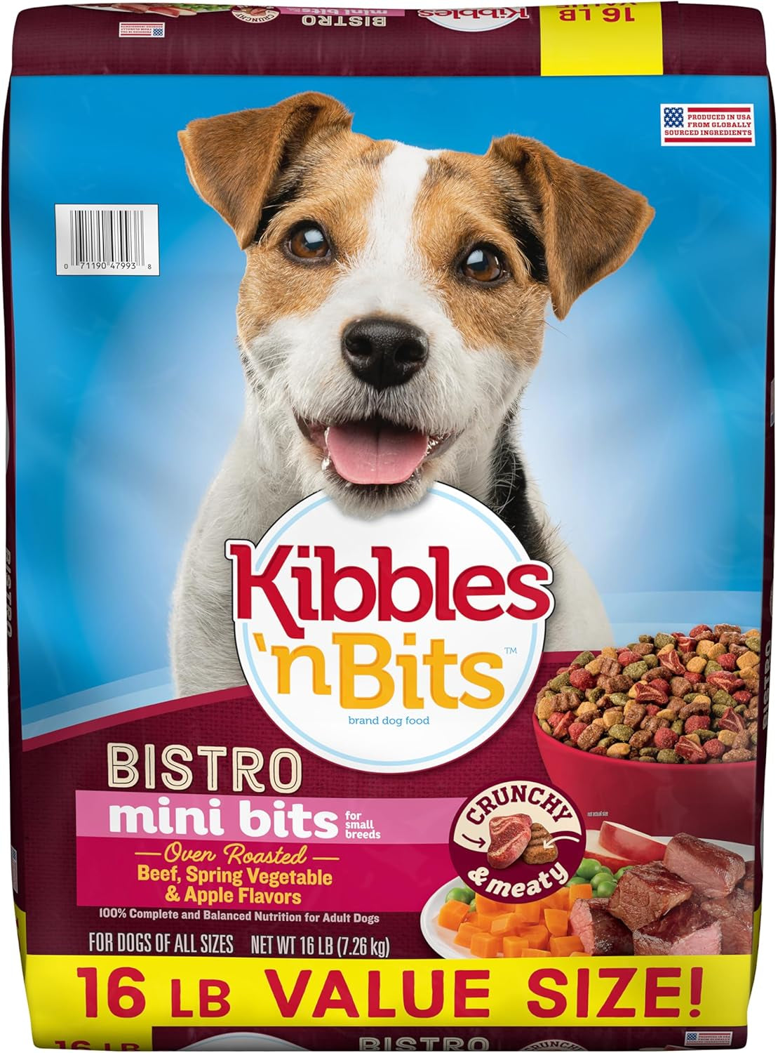 Kibbles 'N Bits Bistro Mini Bits Small Breed Dry Dog Food, Oven Roasted Beef, Spring Vegetable & Apple Flavors for Adult Dogs, 16 Lb. Bag