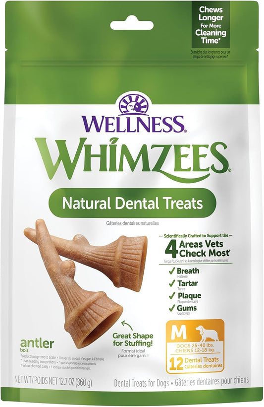 Wellness WHIMZEES Antler Occupy Natural Dog Dental Treat, Chews, Freshens Breath, Medium Size, 12.7 Oz Bag, 12 Count