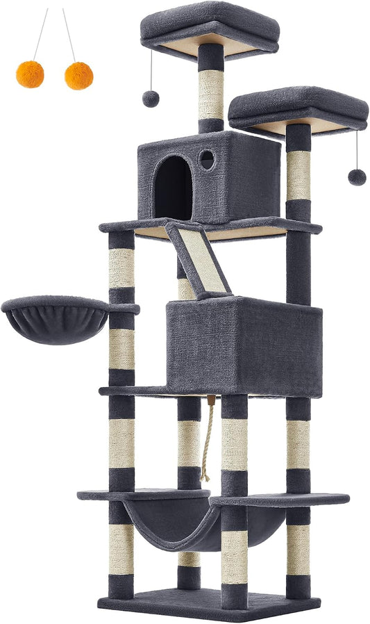 Feandrea Cat Tree, 81.1-Inch Large Cat Tower, Multi-Level Condo, Smoky Gray