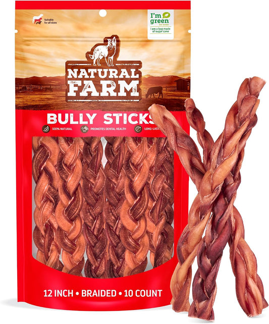 Natural Farm Braided Bully Sticks for Large Dogs, 12 Inch, 10 Count