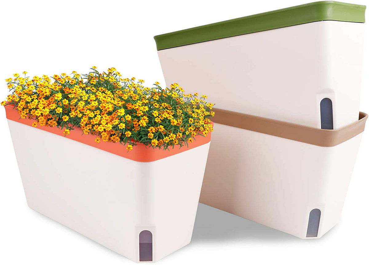 Ourwarm 3 Pack Self Watering Herb Planter Set for Windowsill, 10.5In Indoor Herb Garden Planters with Water Level Indicator, Dual Layer Easy Care Pot for Basil, Flowers, Vegetables & Succulent