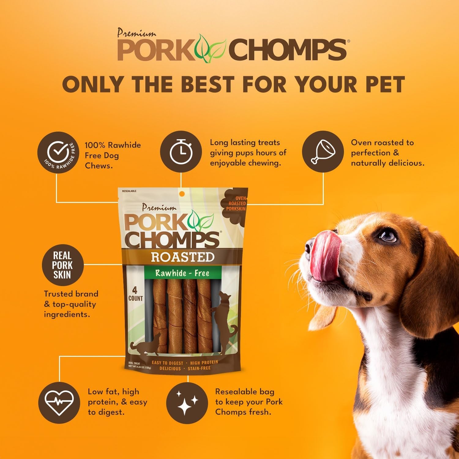 Pork Chomps Roasted Pork Skin Dog Chews, 6 Inch Twists, 4 Count - Long-Lasting Treats for Dogs - High Protein, Rawhide-Free, Low Fat, Healthy & Delicious Chews