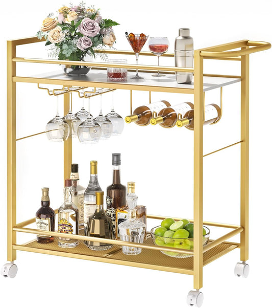 Joaxswe Bar Cart W/Wheels,2 Tier Home Bar Serving Cart,Flowing Gold