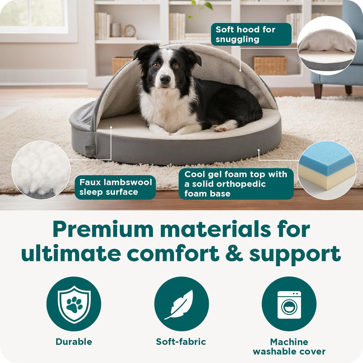 Furhaven round Orthopedic Dog Bed for Large Dogs, Cool Gel-Top Foam with a Solid Orthopedic Foam Base, Attached Blanket Hood and Washable Cover, Large, Faux Lambswool & Suede Snuggery, Espresso