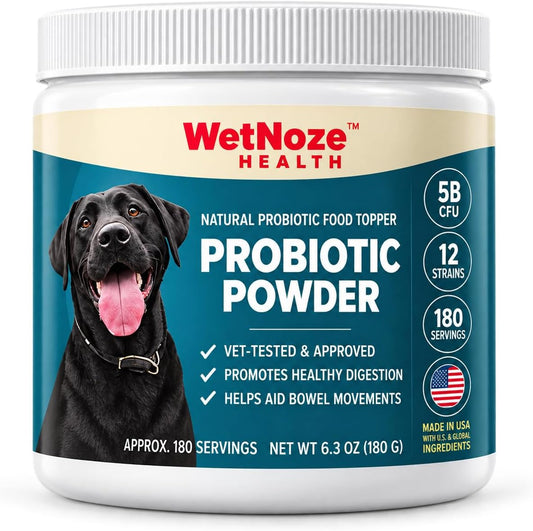 Wetnoze Health Probiotics for Dogs – 5 Billion CFU, 12 Strains, Dog Probiotic Powder for Digestive & Gut Health, 180 Servings, 6.3 Oz