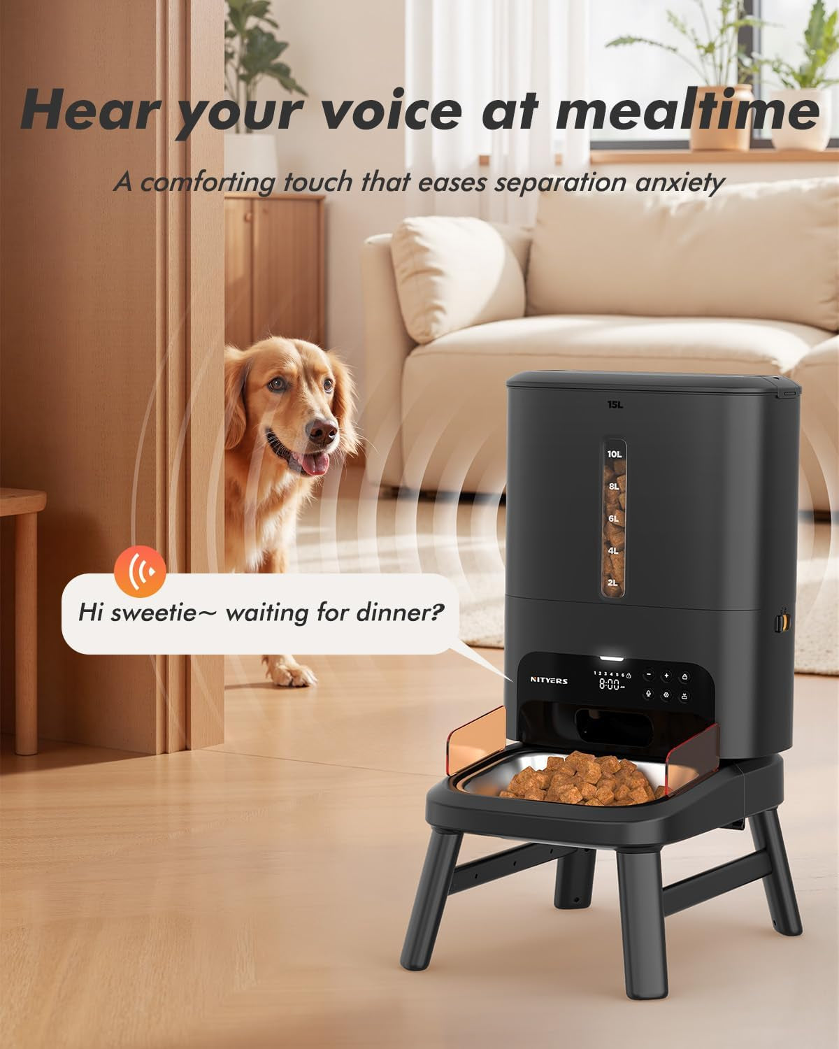 Automatic Dog Feeder for Large Breed - 15L/ 63 Cups Anti-Clog Dog Food Dispenser for 2-23Mm Kibble, Elevated Stand, Large Food Tray, Dual Power, up to 50 Portions 6 Meals per Day, Keeps Fresh
