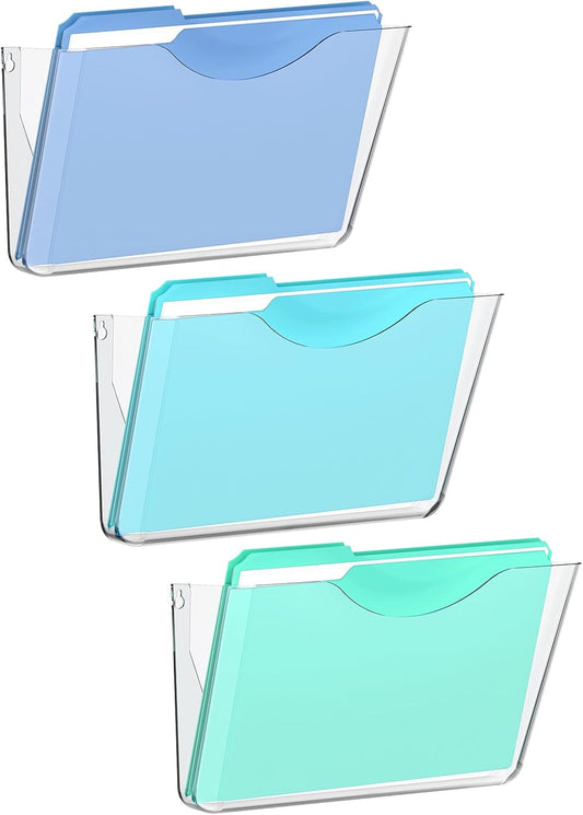 Clear Acrylic Wall File Holder, 3 Pack Wall Mount Pocket Organizer