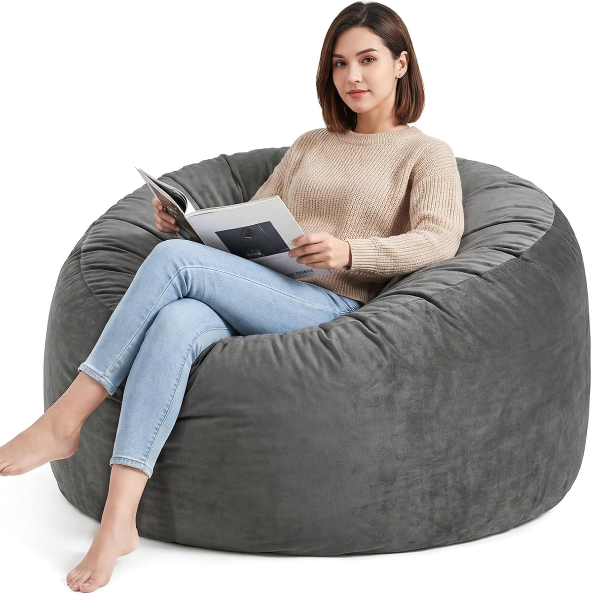 3FT Bean Bag Chair, Medium Memory Foam Bean Bags with Ultra Soft Washable Dutch Velvet Cover, Beanbags for Living Room, Bedroom and Gaming Room -Grey