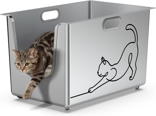 Stainless Steel Cat Litter Box, 13.7" High-Sided Line-Art Litter Pan