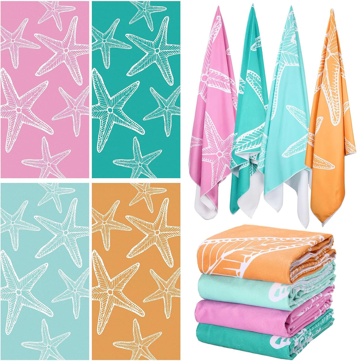 Tegeme 4 Pack Coastal Starfish Microfiber Thin Beach Towel Lightweight 71X36 Oversized Extra Large Sand Free Towels Quick Dry for Travel Pool Yoga Sports Beach Accessories Vacation Essential Gift