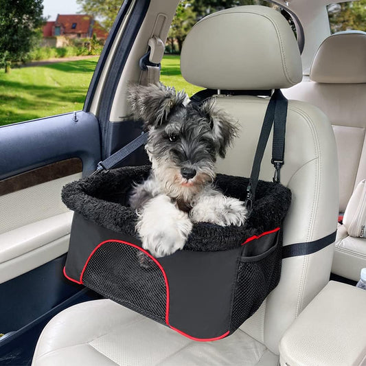 Dog Car Booster Seat with Safety Leash and Foldable Metal Frame for Small Pets up to 20 Lbs Height-Adjustable Portable Puppy/Cat Car Seats with Plush Thick Cushion Mesh Window(Black)