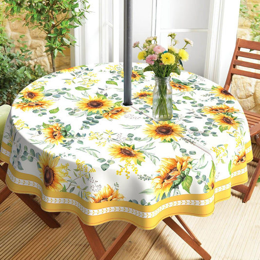 Outdoor Tablecloth with Umbrella Hole and Zipper, round Patio Table Covers for Spring/Summer, Machine Washable Outdoor Picnic Table Cloth (Sunflower, 60" Round)