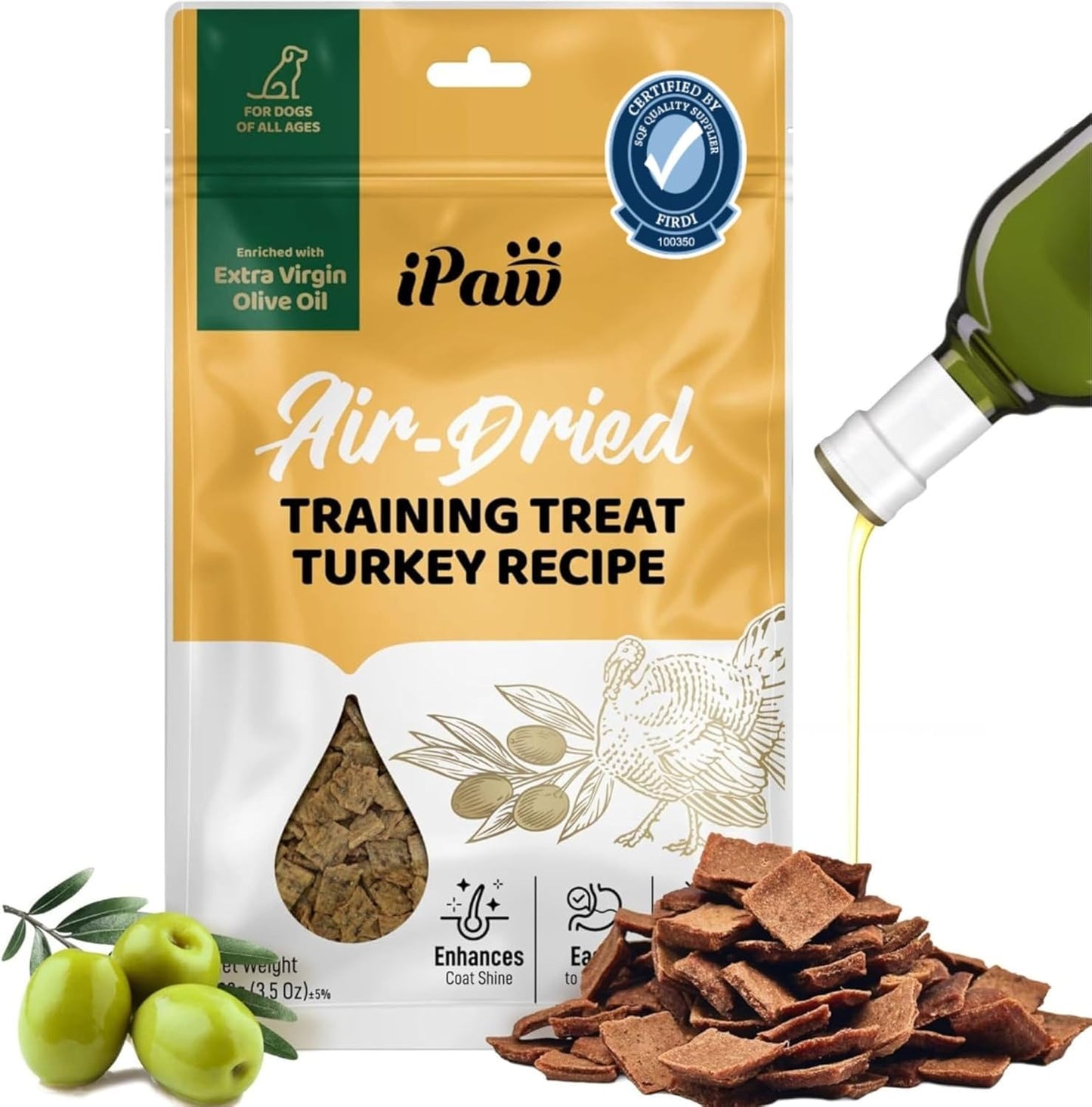 Ipaw Air-Dried Turkey Dog Treats, Extra Virgin Olive Oil Added, Made with Turkey Meat, Chicken Heart and Duck Liver, High Protein, Soft Treats for All Age Dogs, Freeze-Dried Alternative (3.5Oz/Pack)
