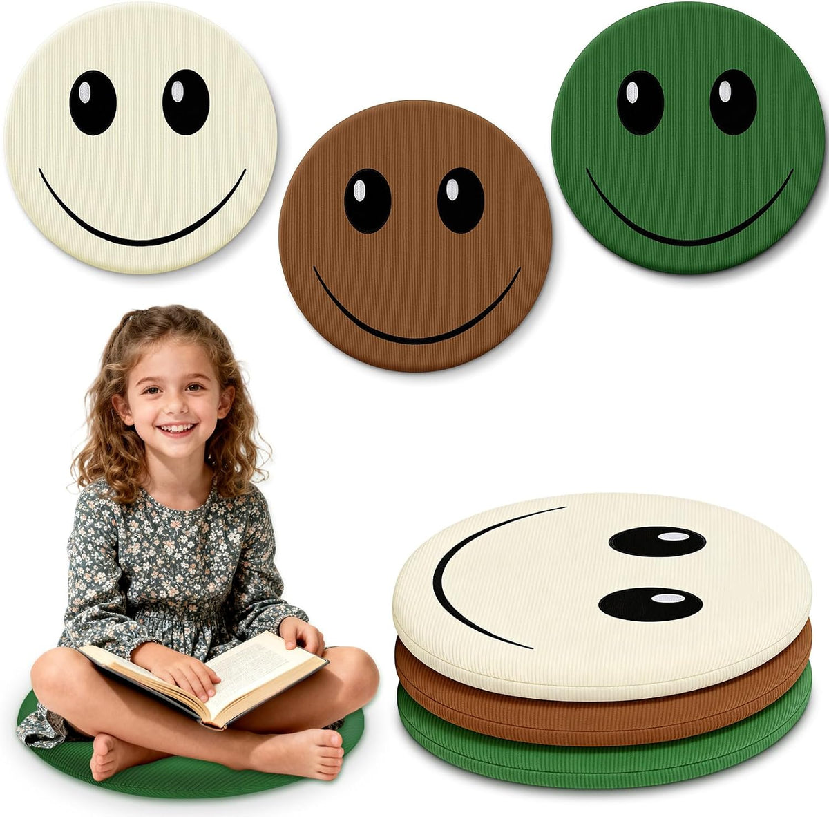 3Pcs round Floor Cushions Classroom, 16 Inch Smiley Face Floor Pillows, Cute Plush Seating Cushion, Emoticon Chair Pads for Couch Bed Sofa Home Bedroom Dorm Decorations