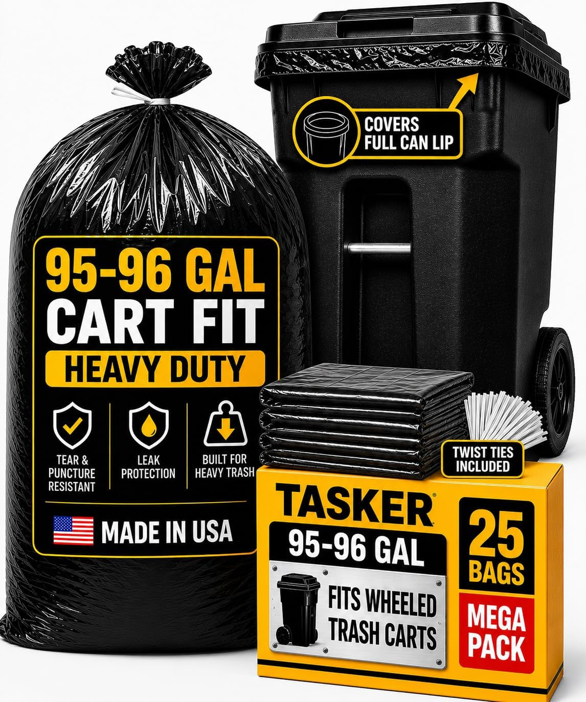 95-96 Gallon Trash Bags Heavy Duty (25 Bags W/Ties Value Pack) Extra Large Trash Bags, 90 Gallon, 95 Gallon, 96 Gallon, 100 Gallon