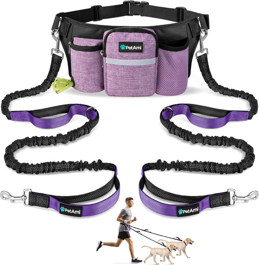Petami Premium Hands Free Dog Leash for 2 Dogs, Adjustable Waist Belt Leash for Dog Walking, Fanny Pack Accessories Bag Dual Bungee Leash for Running, Hiking, Jogging, Biking, Purple