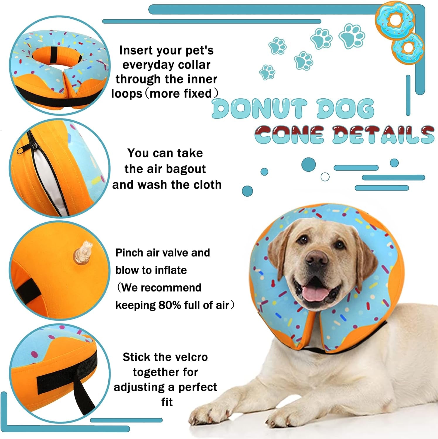 Recovery Donut Collar for Dogs & Cat,Inflatable Dog Cone Collar Alternative after Surgery,Soft Cone for Large Medium Small Dog,Adjustable Pet Neck Donut(Blue,Small)