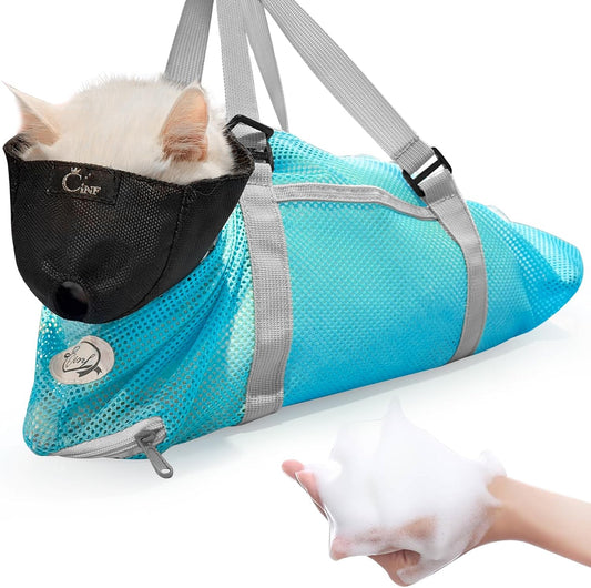Cinf Cat Bathing Bag(Free Muzzle) Breathable Mesh anti Scratch Adjustable Cat Grooming Bag for Nail Trimming, Bathing Soft Cat Washing Bag(Light Blue) M
