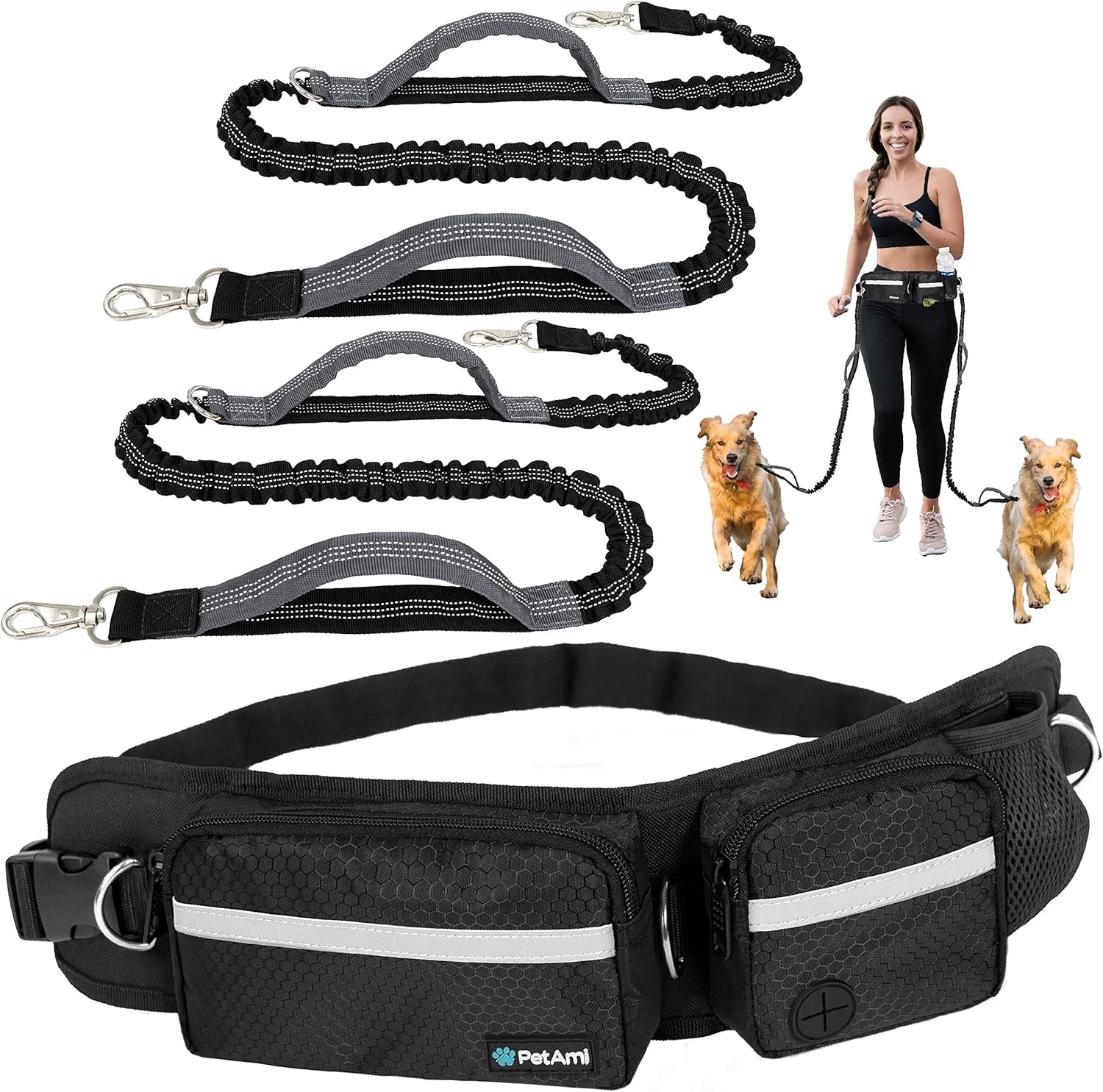 Petami Hands Free Dog Leash, Dog Running Leash Belt Bag for Walking, Jogging, Dog Waist Double Zipper Pouch with Poop Bag Dispenser, Dual Padded Handles Reflective Bungee Leash, Double (Black)